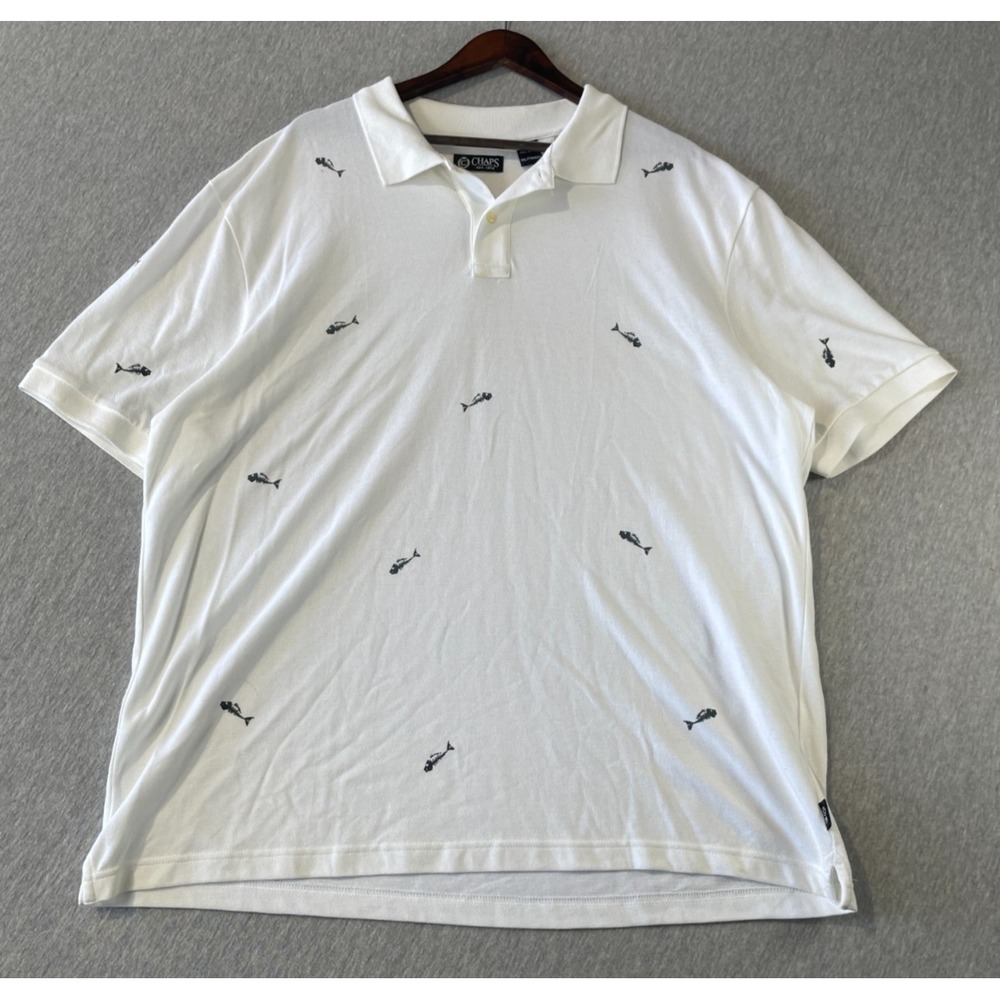 Chaps Polo Shirt Mens 2XL White Allover Fish Skeleton Embroidered Golf Tennis